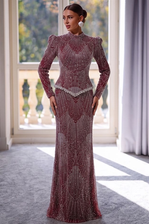 Pul ve İnci Bezeli Taş İşlemeli Exclusive Tesettür Abiye Elbise BORDO 1086