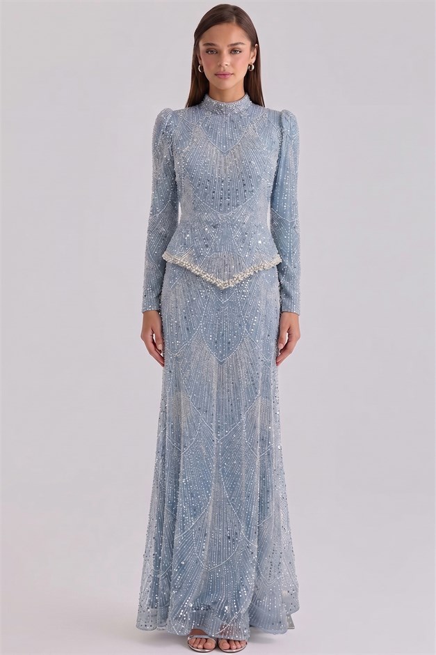 Pul ve İnci Bezeli Taş İşlemeli Exclusive Tesettür Abiye Elbise MAVİ 1086
