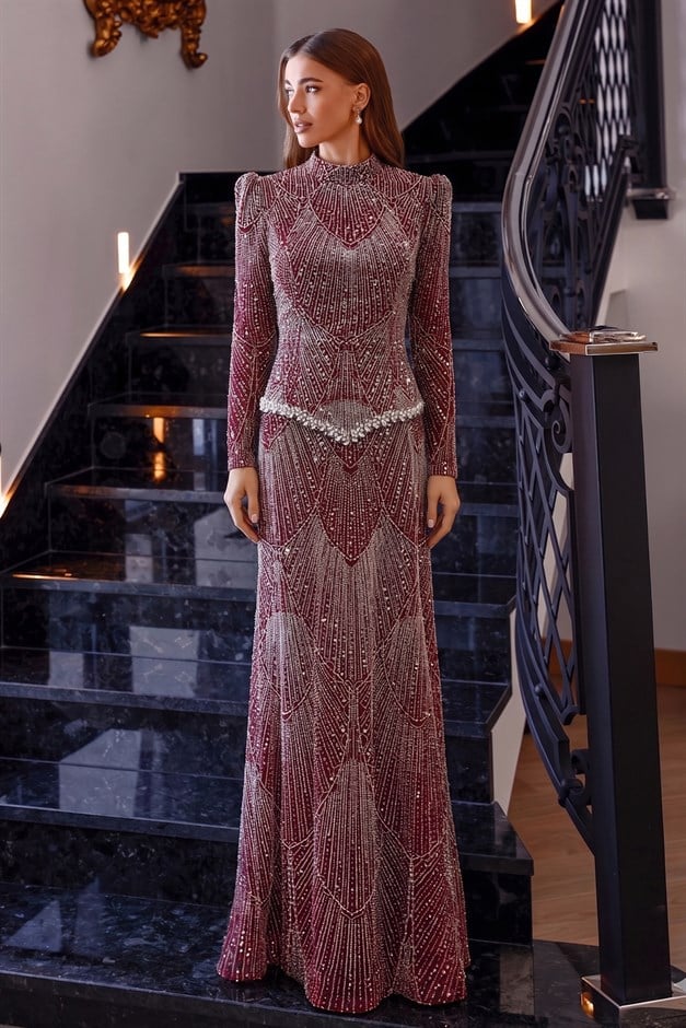Pul ve İnci Bezeli Taş İşlemeli Exclusive Tesettür Abiye Elbise BORDO 1086