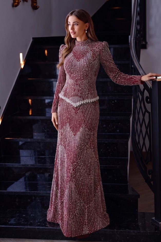 Pul ve İnci Bezeli Taş İşlemeli Exclusive Tesettür Abiye Elbise BORDO 1086