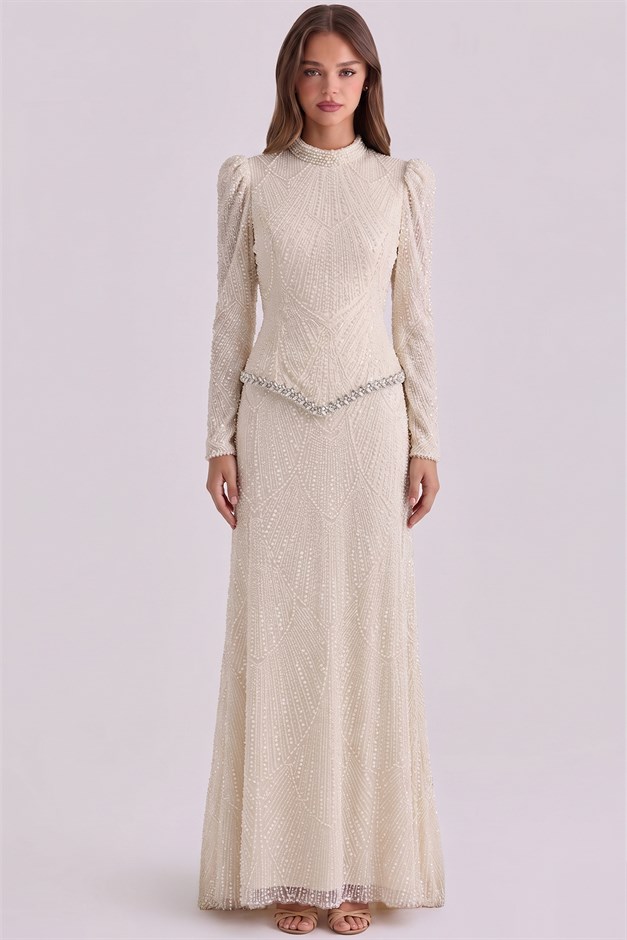 Pul ve İnci Bezeli Taş İşlemeli Exclusive Tesettür Abiye Elbise KREM 1086