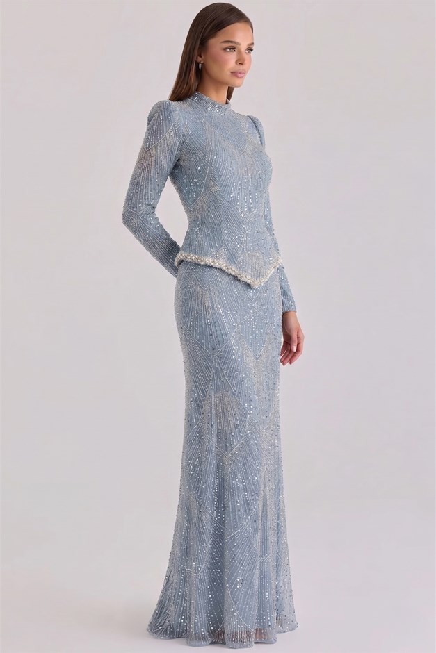 Pul ve İnci Bezeli Taş İşlemeli Exclusive Tesettür Abiye Elbise MAVİ 1086