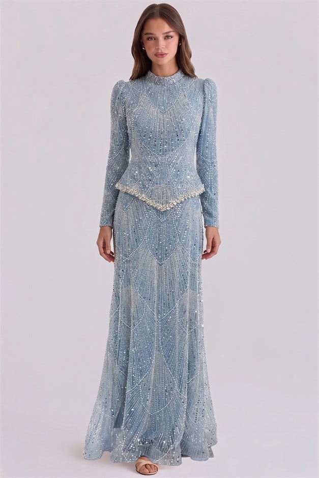 Pul ve İnci Bezeli Taş İşlemeli Exclusive Tesettür Abiye Elbise MAVİ 1086