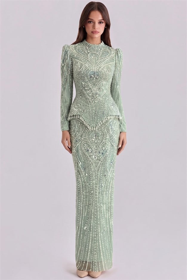 Pul ve İnci Desenli Exclusive Tesettür Abiye Elbise MİNT 1083