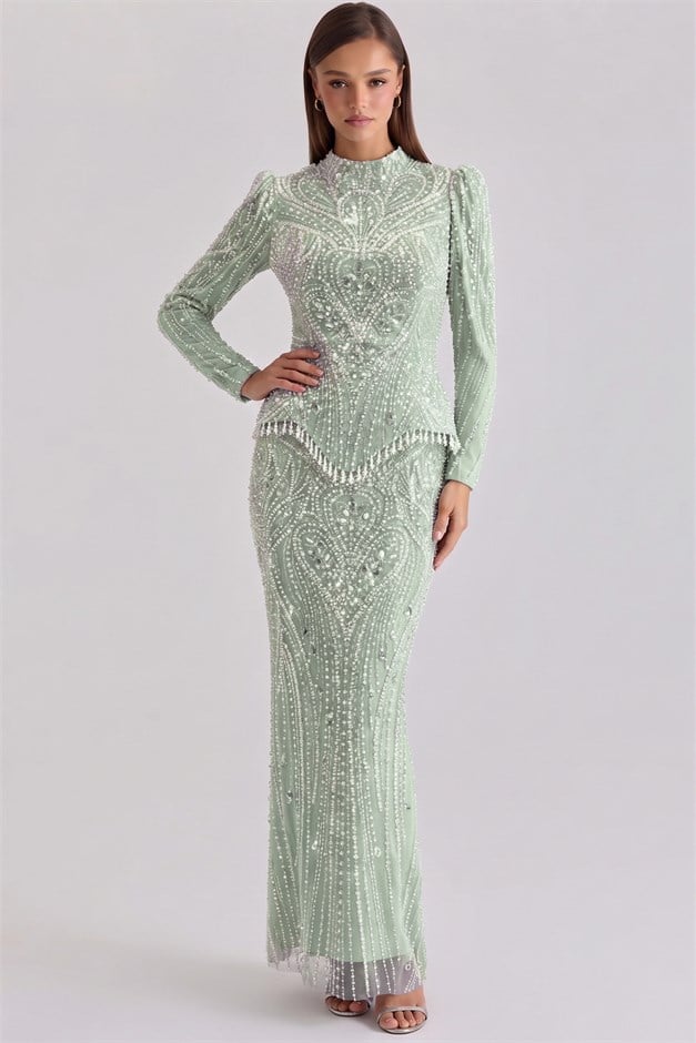 Pul ve İnci Desenli Exclusive Tesettür Abiye Elbise MİNT 1083