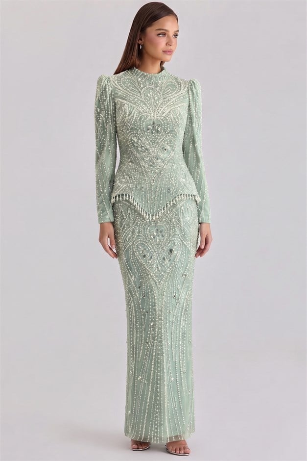 Pul ve İnci Desenli Exclusive Tesettür Abiye Elbise MİNT 1083