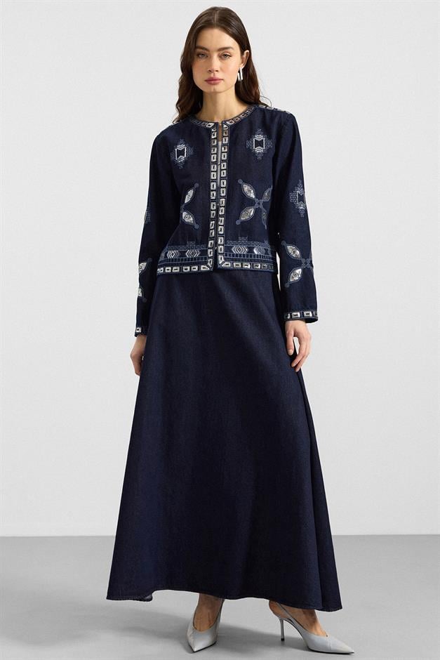 Pul ve Nakış Detaylı Etek Ceket Denim İkili Takım LACİVERT 9388-TK