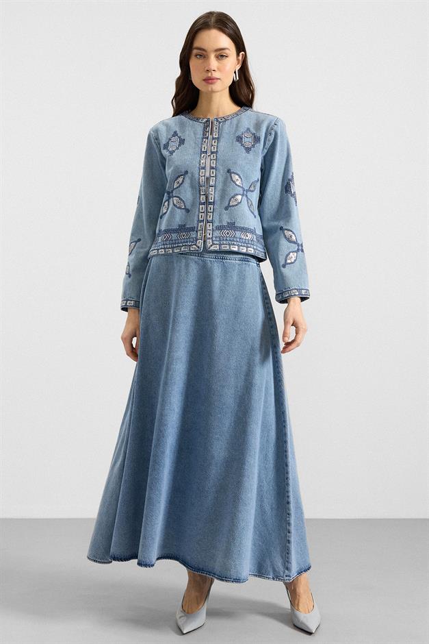 Pul ve Nakış Detaylı Etek Ceket Denim İkili Takım MAVİ 9388-TK