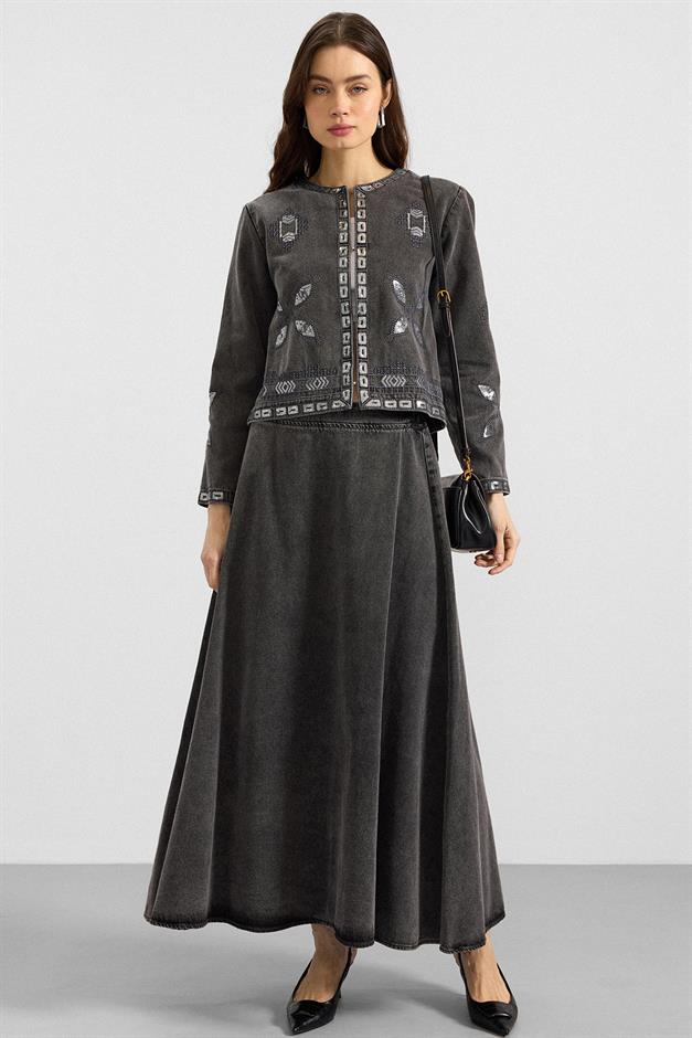 Pul ve Nakış Detaylı Etek Ceket Denim İkili Takım GRİ 9388-TK