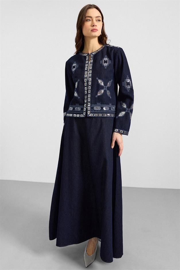 Pul ve Nakış Detaylı Etek Ceket Denim İkili Takım LACİVERT 9388-TK