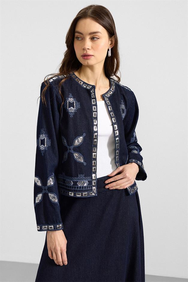 Pul ve Nakış Detaylı Etek Ceket Denim İkili Takım LACİVERT 9388-TK