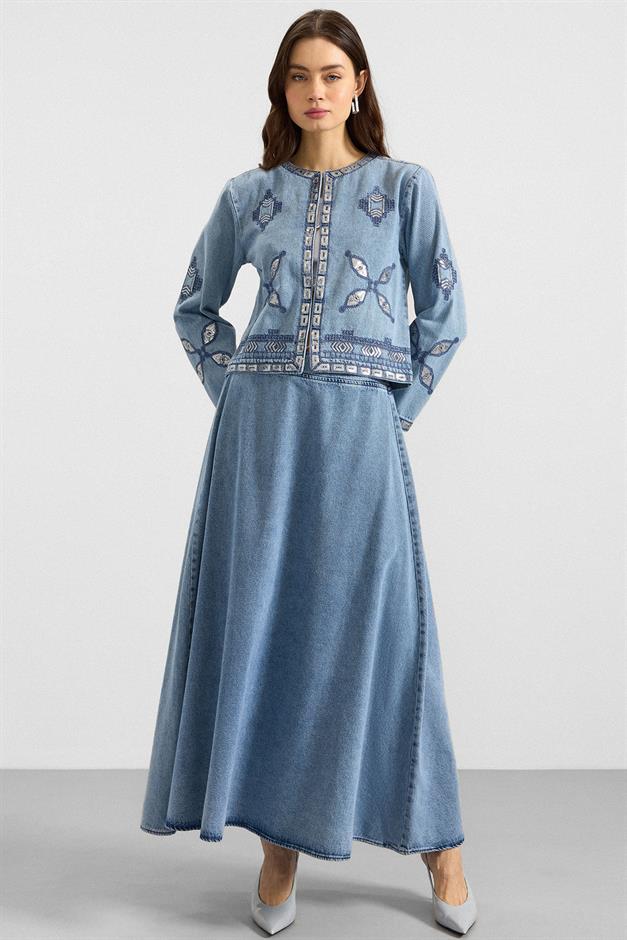 Pul ve Nakış Detaylı Etek Ceket Denim İkili Takım MAVİ 9388-TK