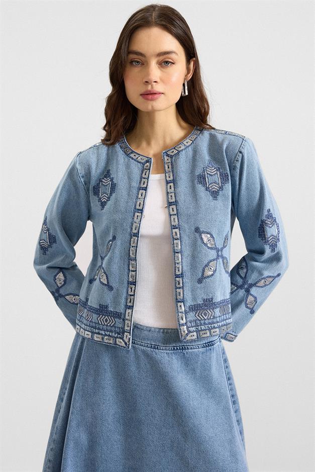 Pul ve Nakış Detaylı Etek Ceket Denim İkili Takım MAVİ 9388-TK