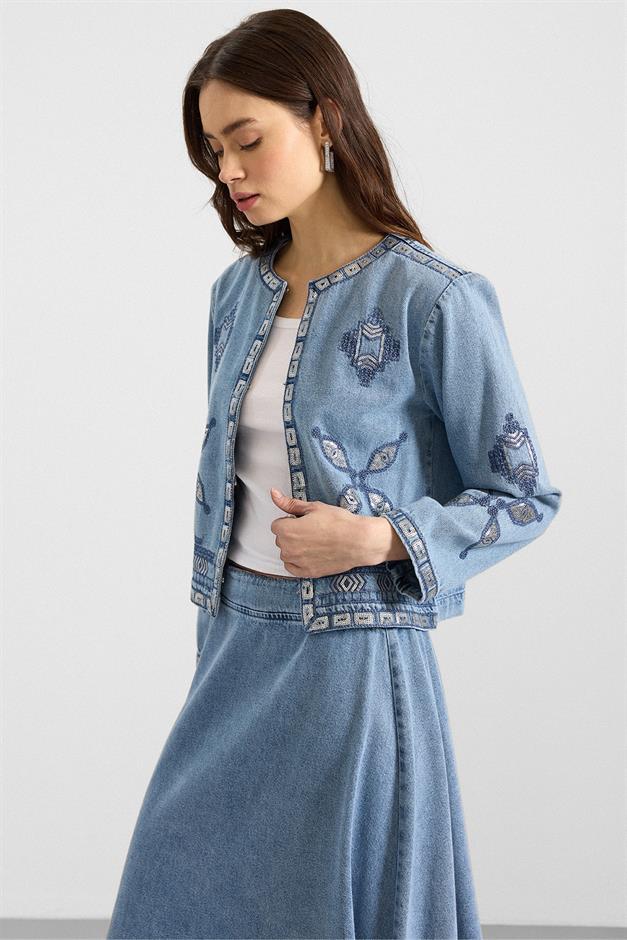 Pul ve Nakış Detaylı Etek Ceket Denim İkili Takım MAVİ 9388-TK