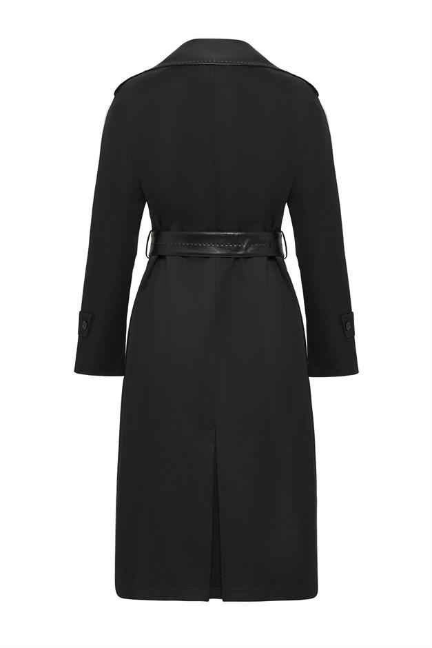 Waterproof Trench Coat with Point Detailed Leather Garnish BLACK 6618