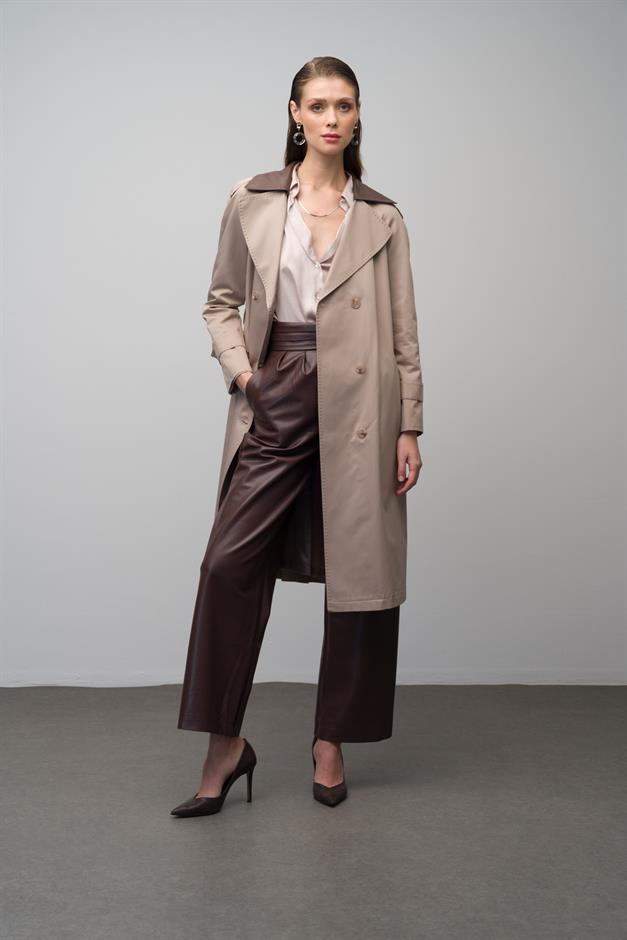 Waterproof Trench Coat with Point Detailed Leather Garnish STONE 6618