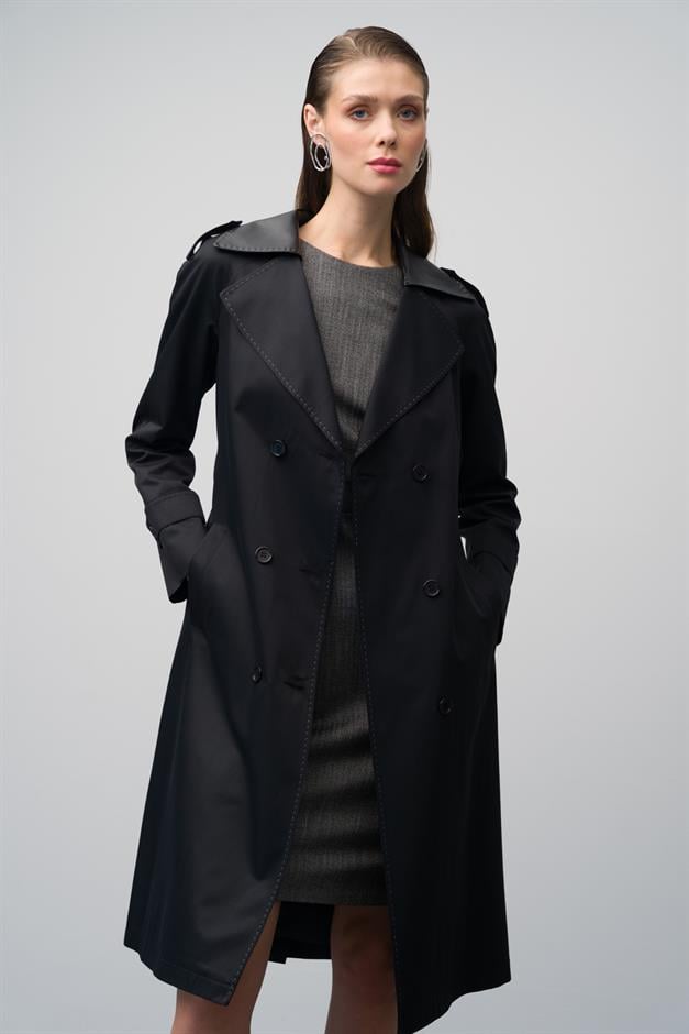 Waterproof Trench Coat with Point Detailed Leather Garnish BLACK 6618
