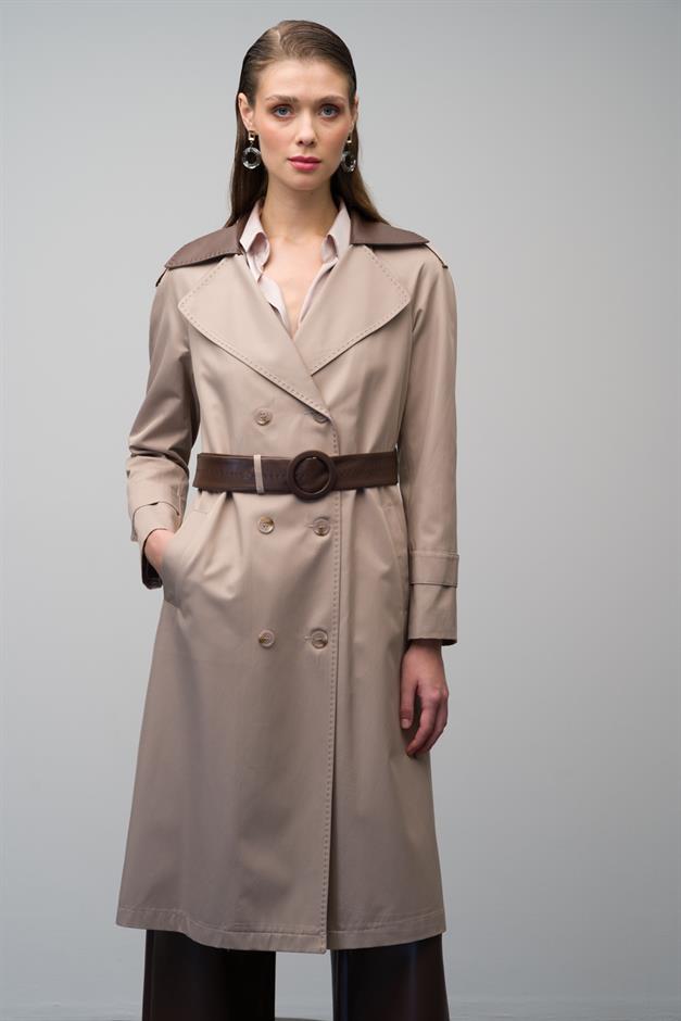 Waterproof Trench Coat with Point Detailed Leather Garnish STONE 6618