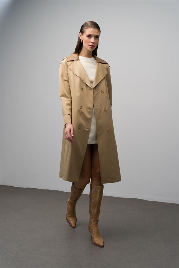 Waterproof Trench Coat with Point Detailed Leather Garnish CAMEL 6618