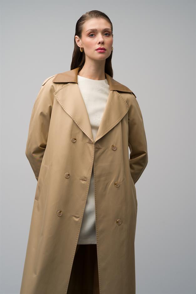 Waterproof Trench Coat with Point Detailed Leather Garnish CAMEL 6618