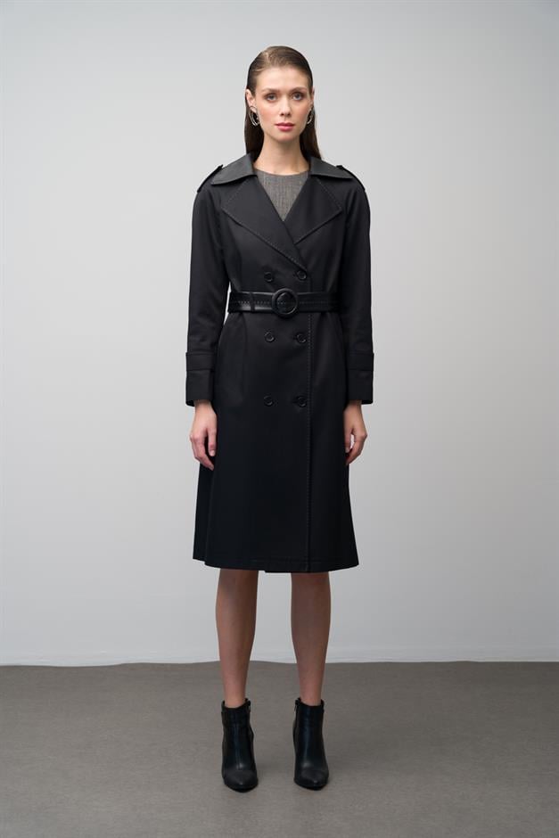 Waterproof Trench Coat with Point Detailed Leather Garnish BLACK 6618