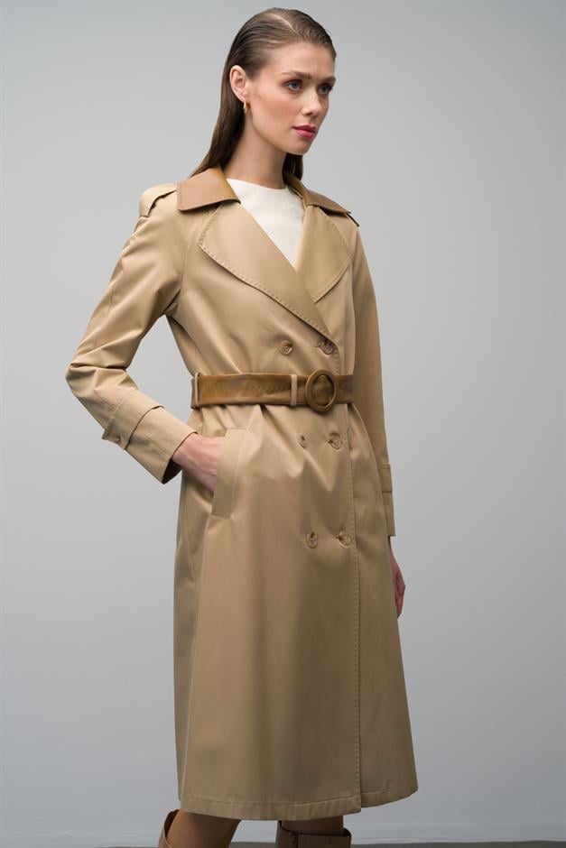 Waterproof Trench Coat with Point Detailed Leather Garnish CAMEL 6618
