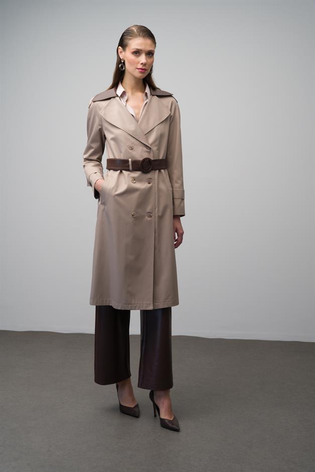 Waterproof Trench Coat with Point Detailed Leather Garnish STONE 6618
