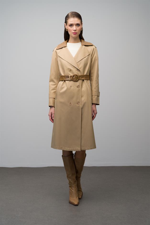 Waterproof Trench Coat with Point Detailed Leather Garnish CAMEL 6618