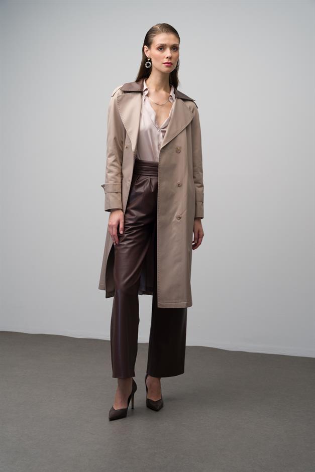 Waterproof Trench Coat with Point Detailed Leather Garnish STONE 6618