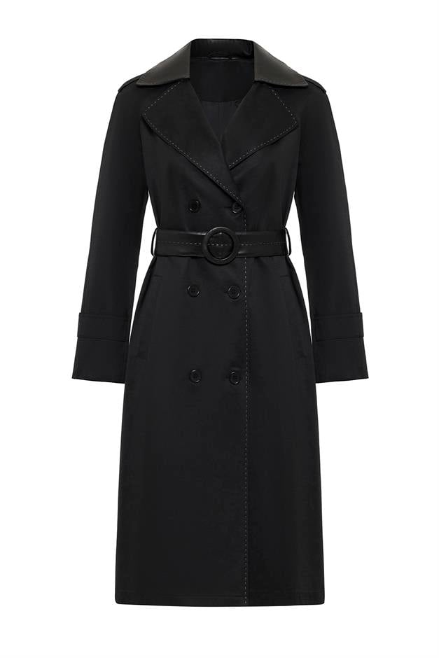 Waterproof Trench Coat with Point Detailed Leather Garnish BLACK 6618