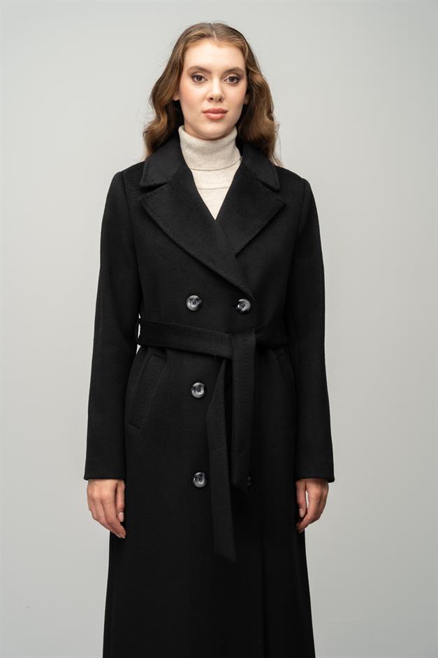 معطف حصري مزدوج الصدر مع تفاصيل بونتو أسود 3055