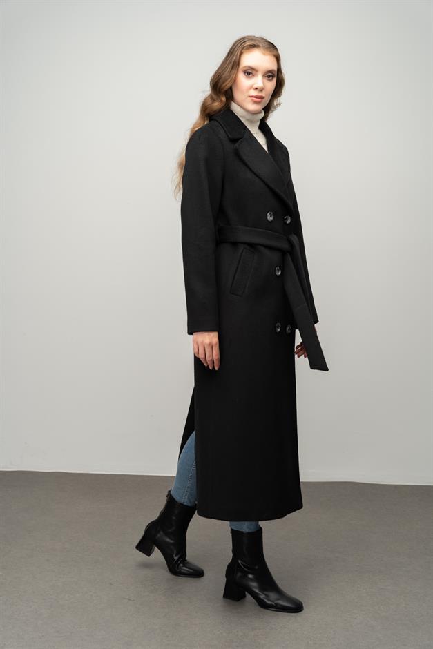 معطف حصري مزدوج الصدر مع تفاصيل بونتو أسود 3055