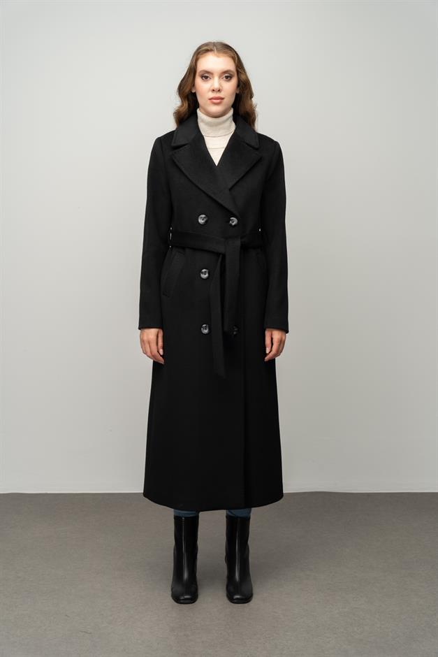 معطف حصري مزدوج الصدر مع تفاصيل بونتو أسود 3055