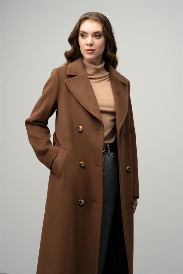 Double-Breasted Exclusive Coat with Punto Detail TOBACCO 3055