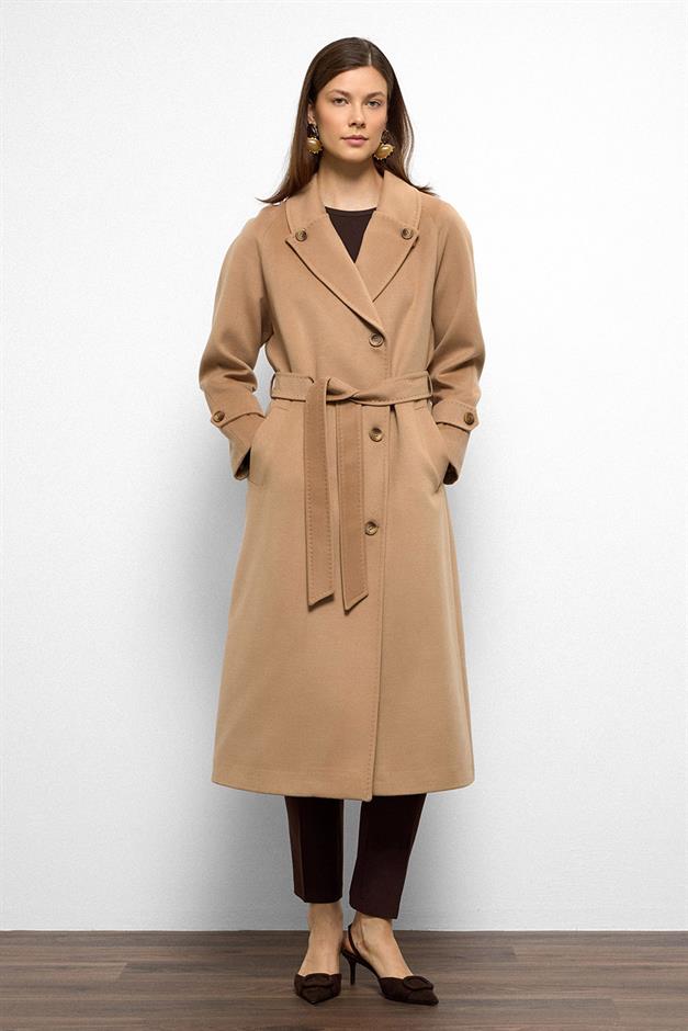 معطف كشمير متوسط الطول بتفاصيل غرزة بونتو وظهر مطوي بسكويت 3113