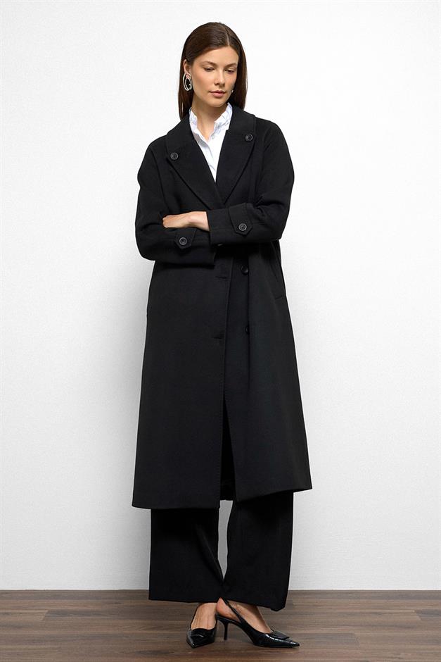 معطف كشمير متوسط الطول بتفاصيل غرزة بونتو وظهر مطوي أسود 3113