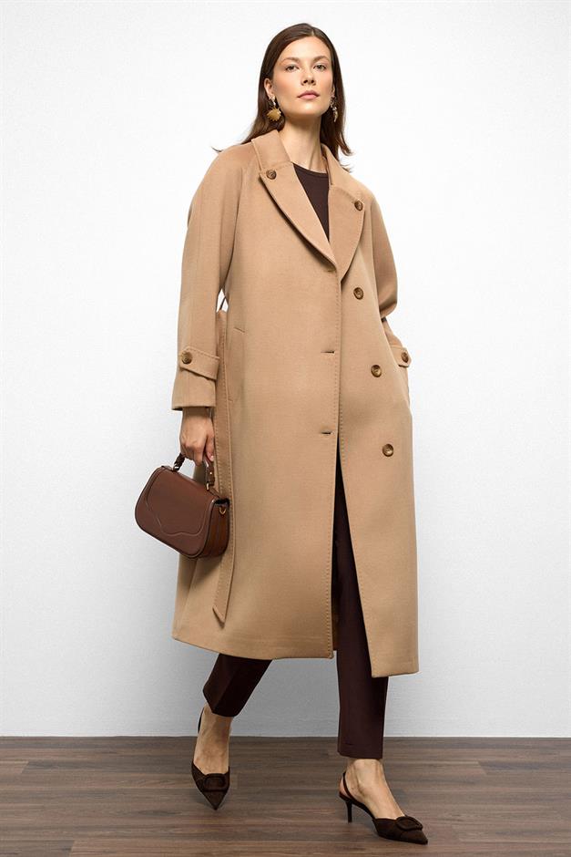 معطف كشمير متوسط الطول بتفاصيل غرزة بونتو وظهر مطوي بسكويت 3113