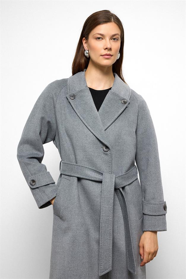 معطف كشمير متوسط الطول بتفاصيل غرزة بونتو وظهر مطوي رمادي غامق 3113