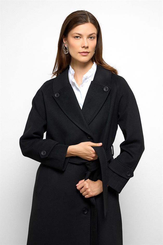 معطف كشمير متوسط الطول بتفاصيل غرزة بونتو وظهر مطوي أسود 3113