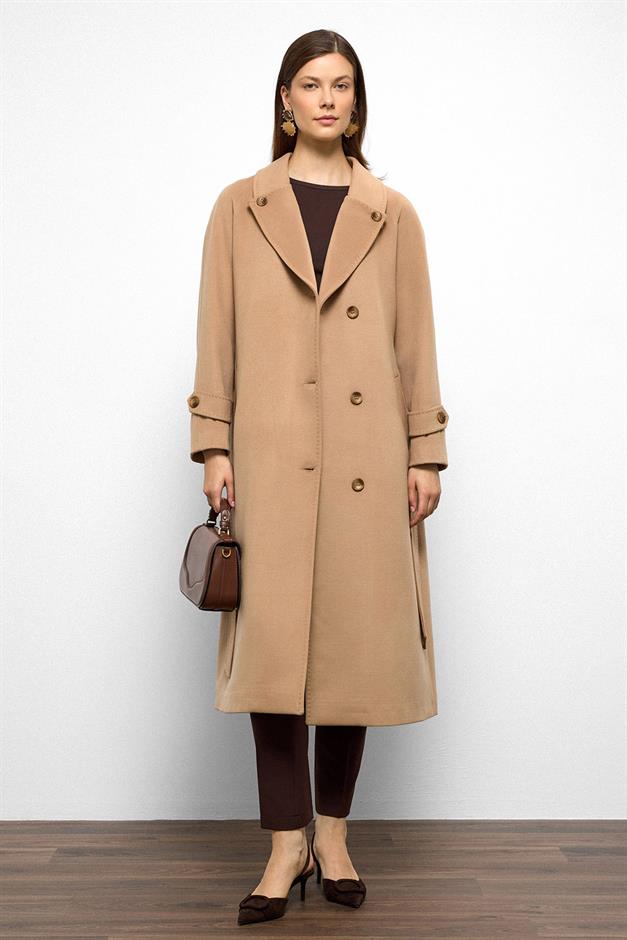 معطف كشمير متوسط الطول بتفاصيل غرزة بونتو وظهر مطوي بسكويت 3113