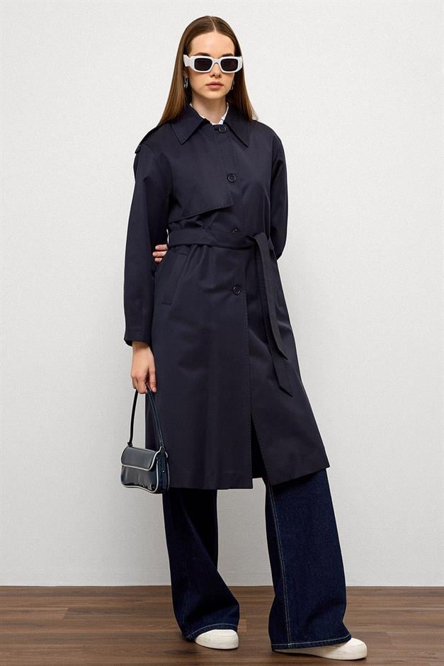 Comfortable Fit Water Repellent Trench Coat with Punto Stitching Detail NAVY 6769