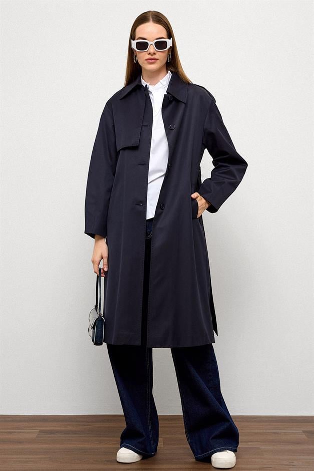 Comfortable Fit Water Repellent Trench Coat with Punto Stitching Detail NAVY 6769