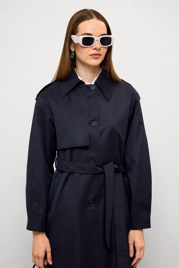 Comfortable Fit Water Repellent Trench Coat with Punto Stitching Detail NAVY 6769