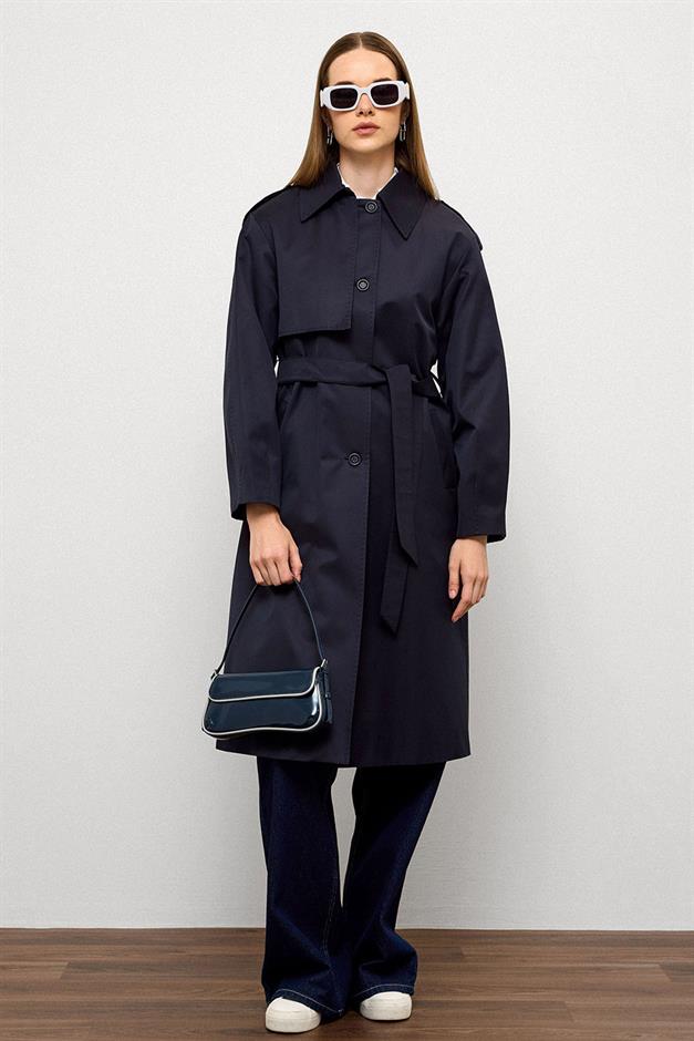 Comfortable Fit Water Repellent Trench Coat with Punto Stitching Detail NAVY 6769