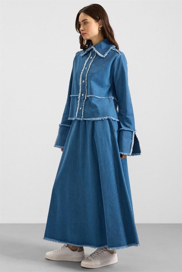 Püskül Detaylı Etek Ceket Denim İkili Takım MAVİ 9394-TK