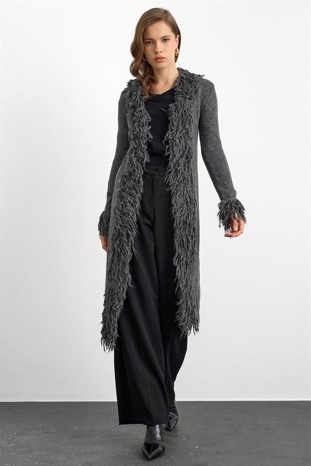 Püskül Detaylı Uzun Triko Hırka ANTRASİT 8281