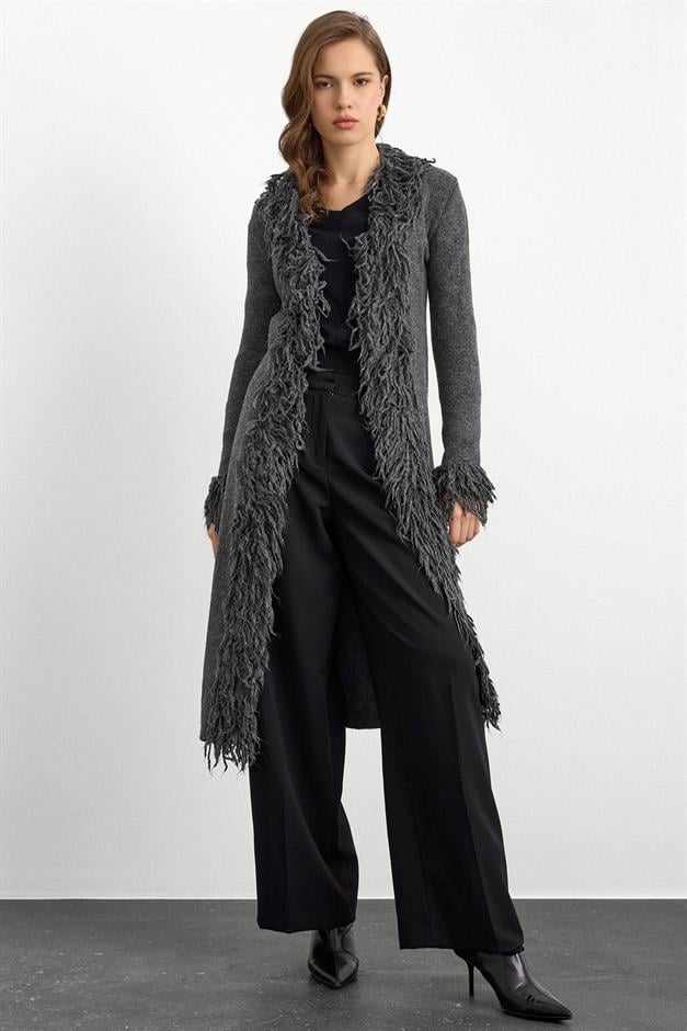 Püskül Detaylı Uzun Triko Hırka ANTRASİT 8281