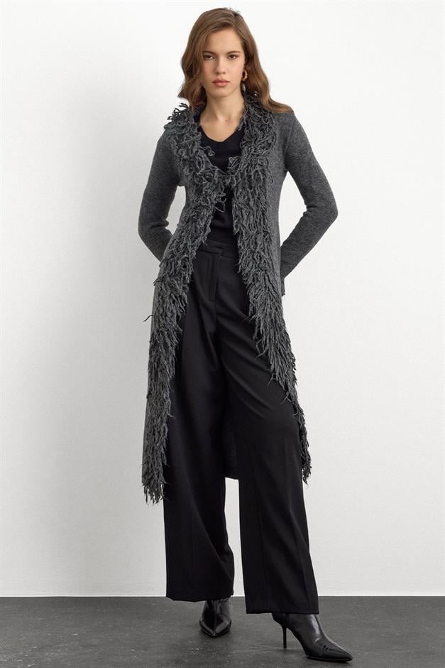 Püskül Detaylı Uzun Triko Hırka ANTRASİT 8281