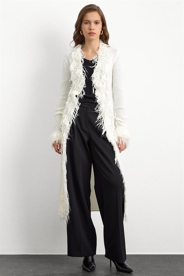 Püskül Detaylı Uzun Triko Hırka EKRU 8281