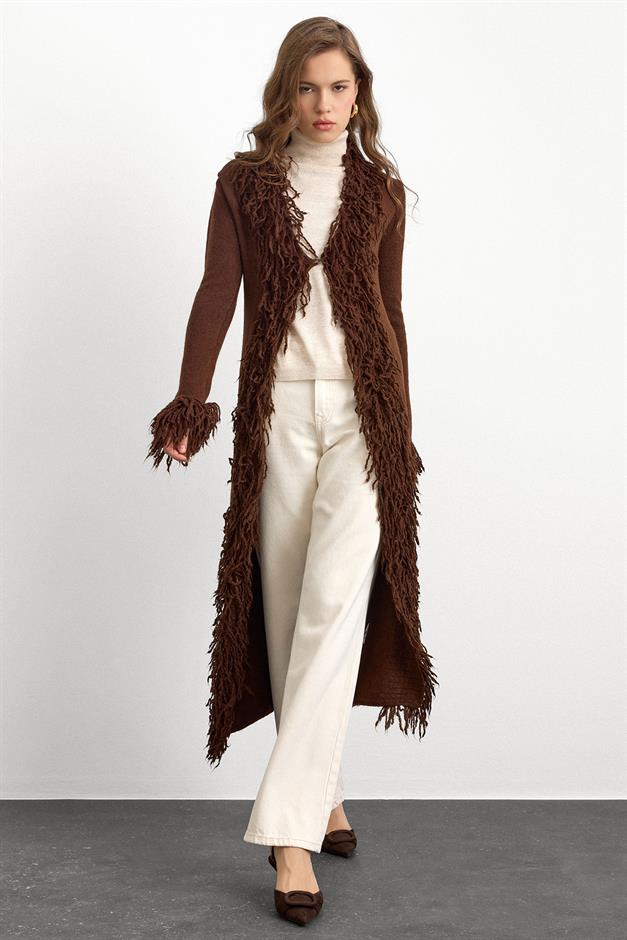 Püskül Detaylı Uzun Triko Hırka KAHVE 8281